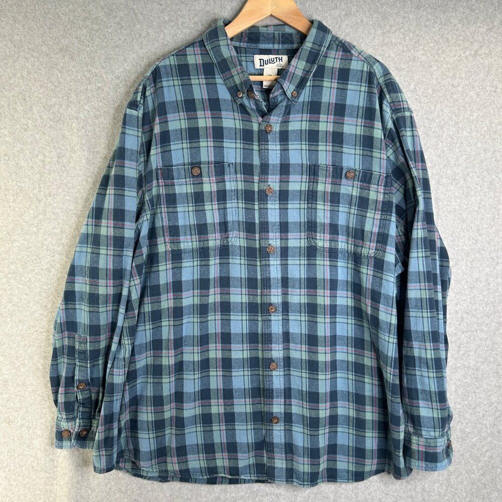 Men's Duluth Trading Company 2XL Blue Plaid Flannel Long‎ Sleeve Shirt Button